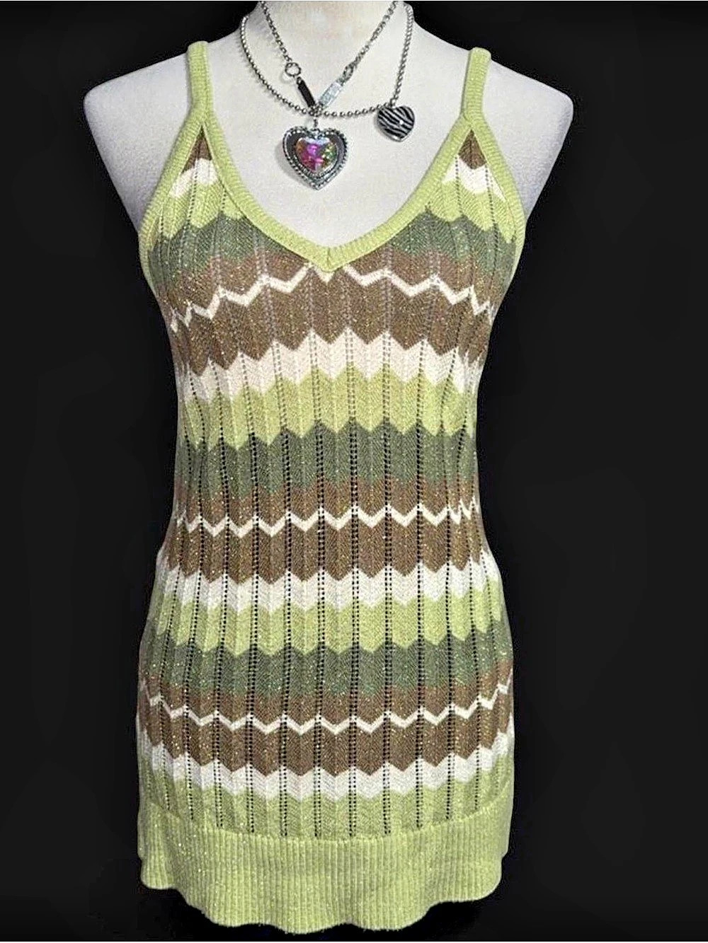 No Boundaries Geometric Knit Tank Top in Green & Brown Size XL
